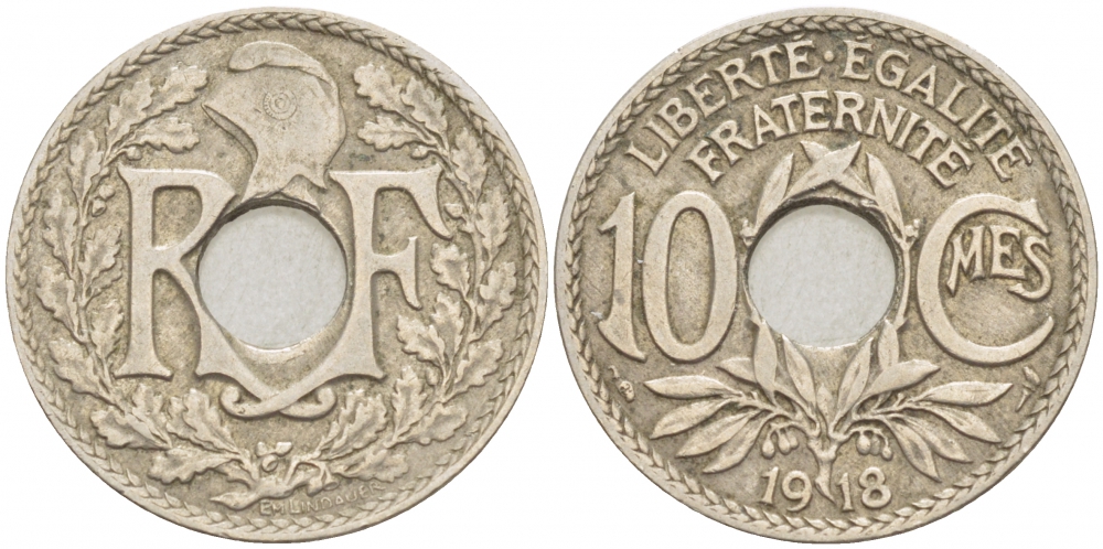 Франция 10 сантимов 1918 тип Линдайё KM 866a, Le Franc 138.3 медно-никель 4402-736