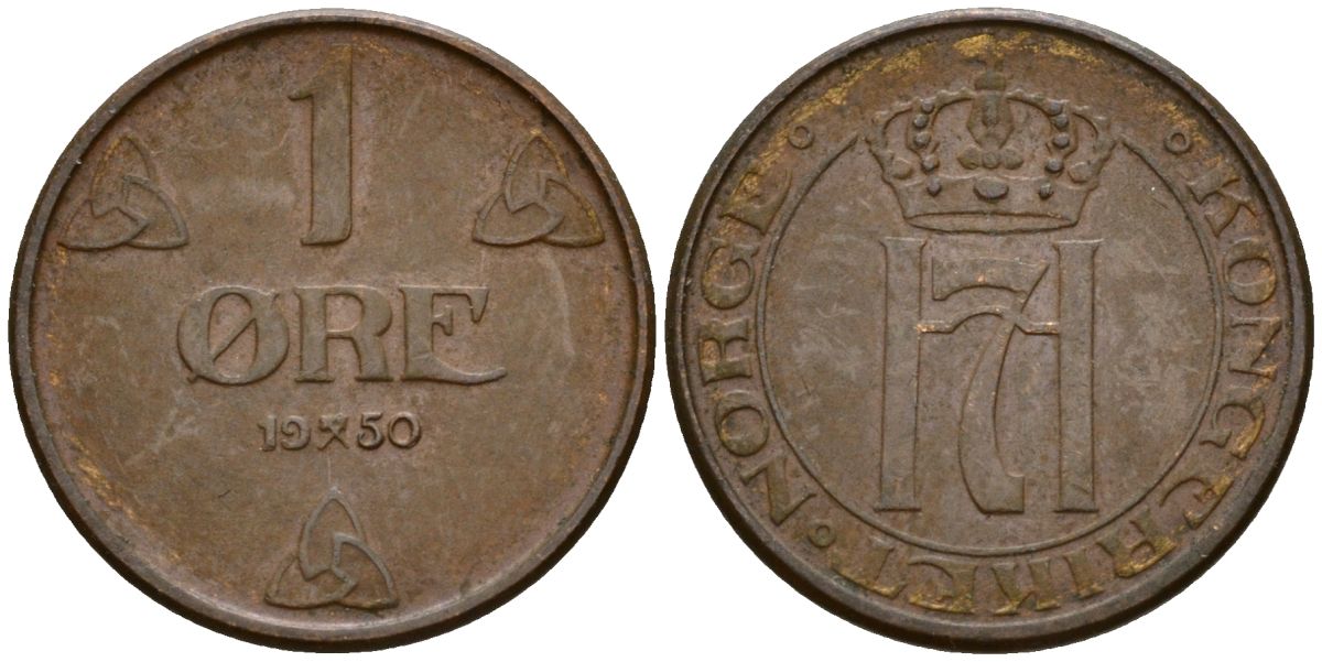 Норвегия 1 эре 1950 Хокон VII (1905-1957) KM 367 бронза 4152-447