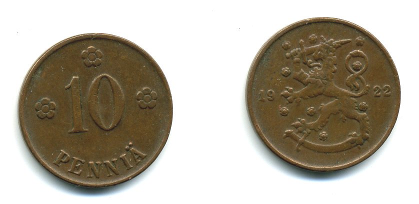 Финляндия 10 пенни 1922 республика (1918-1962) KM 24 медь 46-358