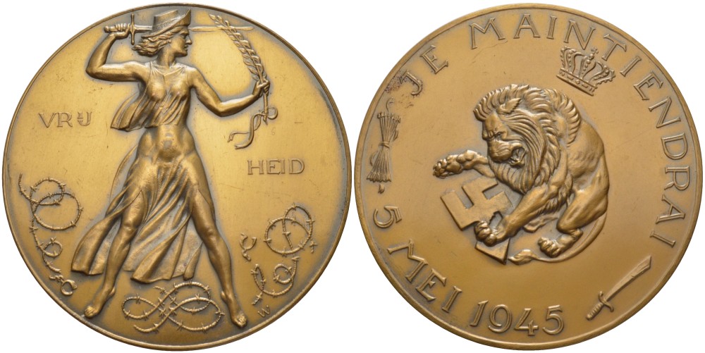 Нидерланды медаль ND 5 мая 1945, победа над фашизмом, девиз Нидерландов (Je Maintiendrai) я выстою, голландский лев разрывает свастику, диаметр 60 мм.  латунь    1089-4-21
