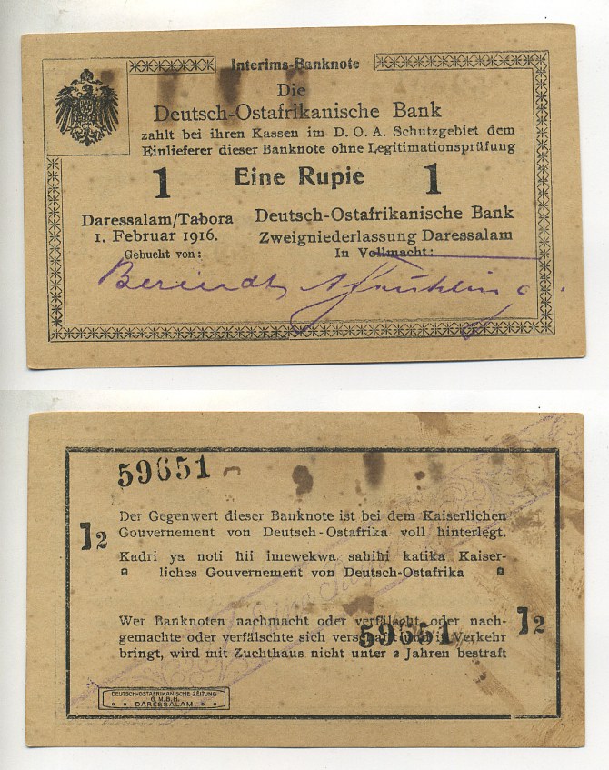 НЕМЕЦКАЯ ВОСТОЧНАЯ АФРИКА 1 РУПИЯ 1916 СЕРИЯ J2 Pick 19 бумага 6312-1-2-2
