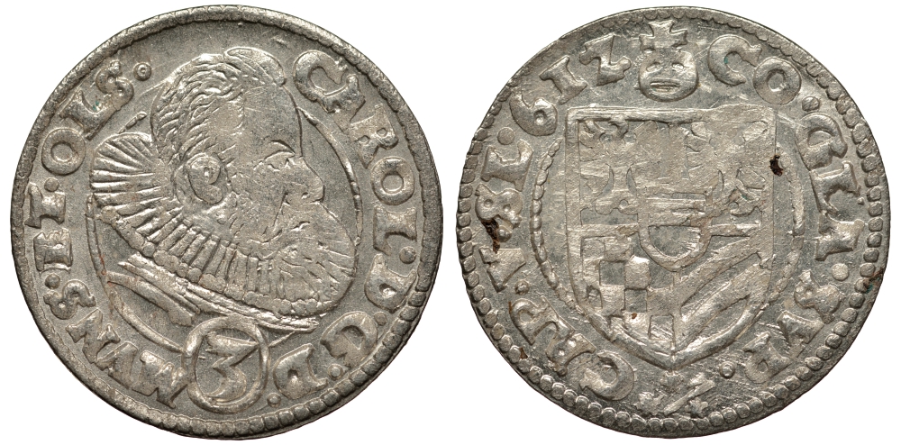 Силезия, Мюнстерберг, Олесница грошен (3 крейцера) 1612 Карл II серебро 413-921