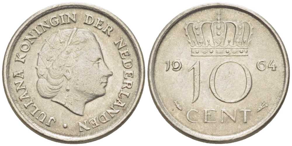НИДЕРЛАНДЫ 10 ЦЕНТОВ 1964 ЮЛИАНА (1948-1980) KM 182 никель 214-1168