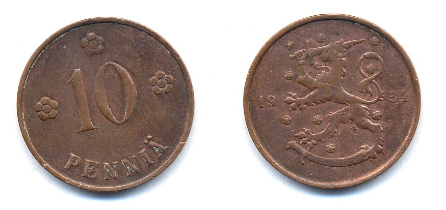 Финляндия 10 пенни 1934 республика (1918-1962) KM 24 медь 51-5424
