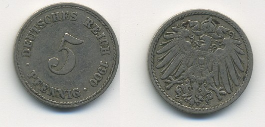 ГЕРМАНИЯ 5 ПФЕННИГОВ 1900 A, KM 11, J. 12 медно-никель 54-753
