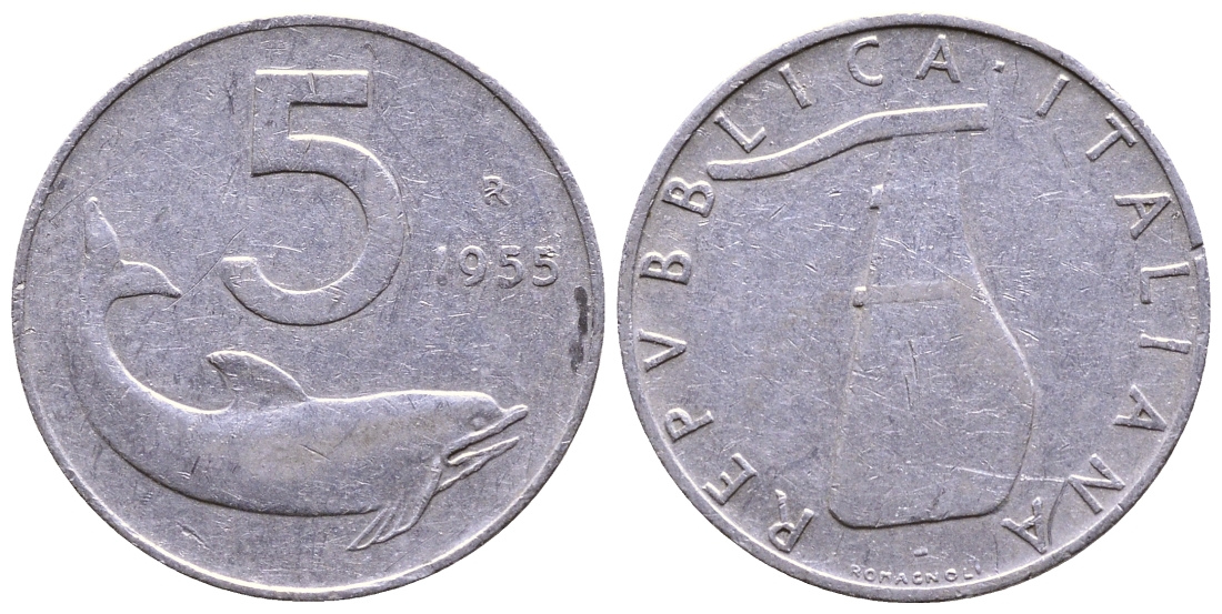 ИТАЛИЯ 5 ЛИР 1955 R, РУЛЬ, ДЕЛЬФИН KM 92 алюминий 56-1134