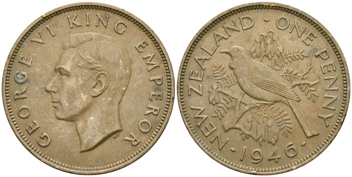 Новая Зеландия 1 пенни 1946 Георг VI (1936-1952), новозеландский туи KM 13 бронза 69-214
