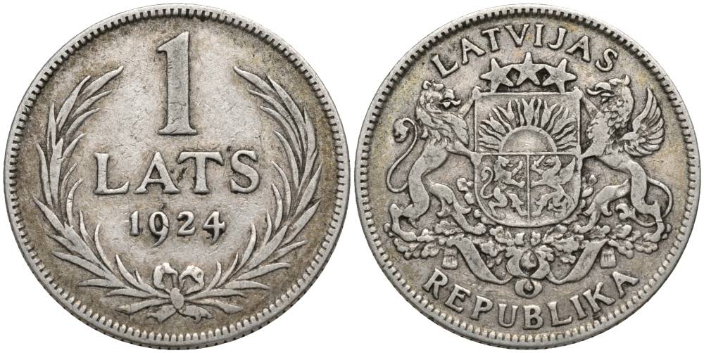 Латвия 1 лат 1924 Первая республика (1918-1939) KM 7 серебро 27-1222