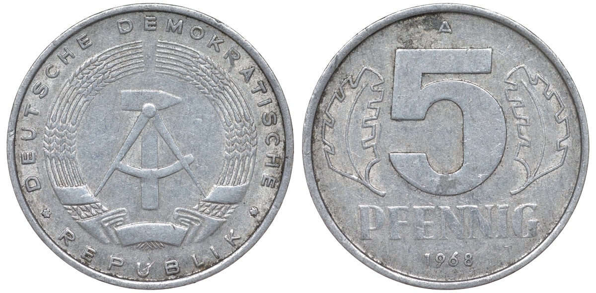 ГДР 5 пфеннигов 1968 A KM 9.1 алюминий 62-224