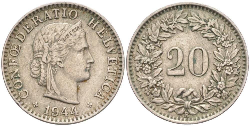 ШВЕЙЦАРИЯ 20 РАППЕНОВ 1944 В KM 29a медно-никель 55-721