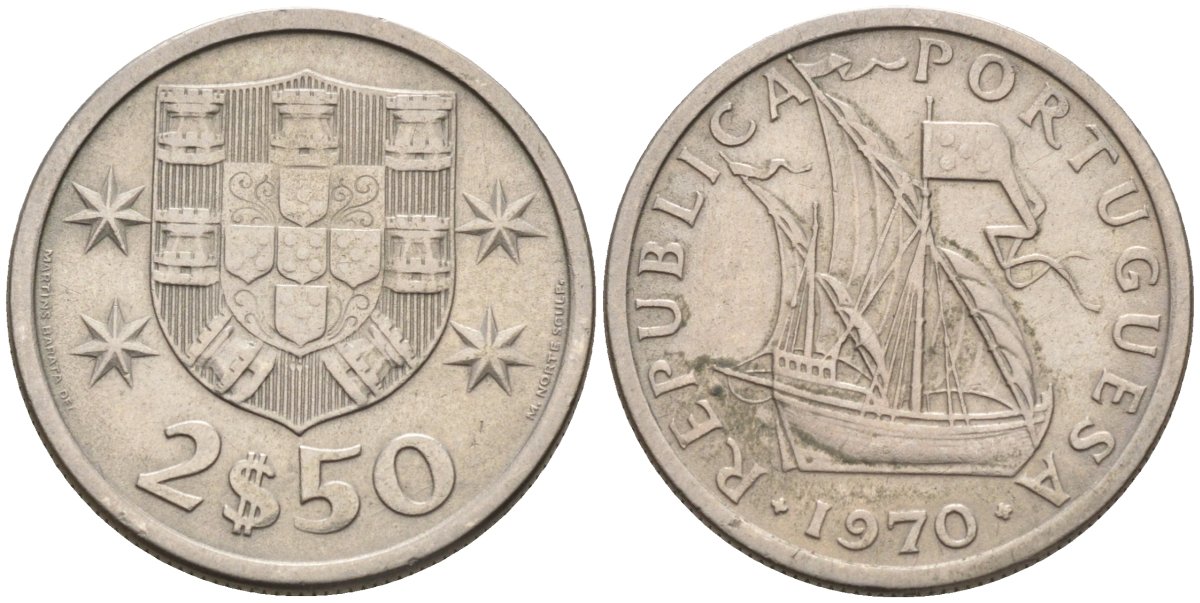 Португалия 2,5 эскудо 1970 корабль KM 590 медно-никель 4588-454