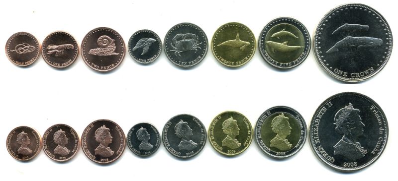 ТРИСТАН ДА КУНЬЯ ЛОТ ИЗ 8 МОНЕТ 2008 (1/2, 1, 2, 5, 10, 20, 25 ПЕНСОВ, 1 КРОНА), МОРСКИЕ ОБИТАТЕЛИ UNC N4-35