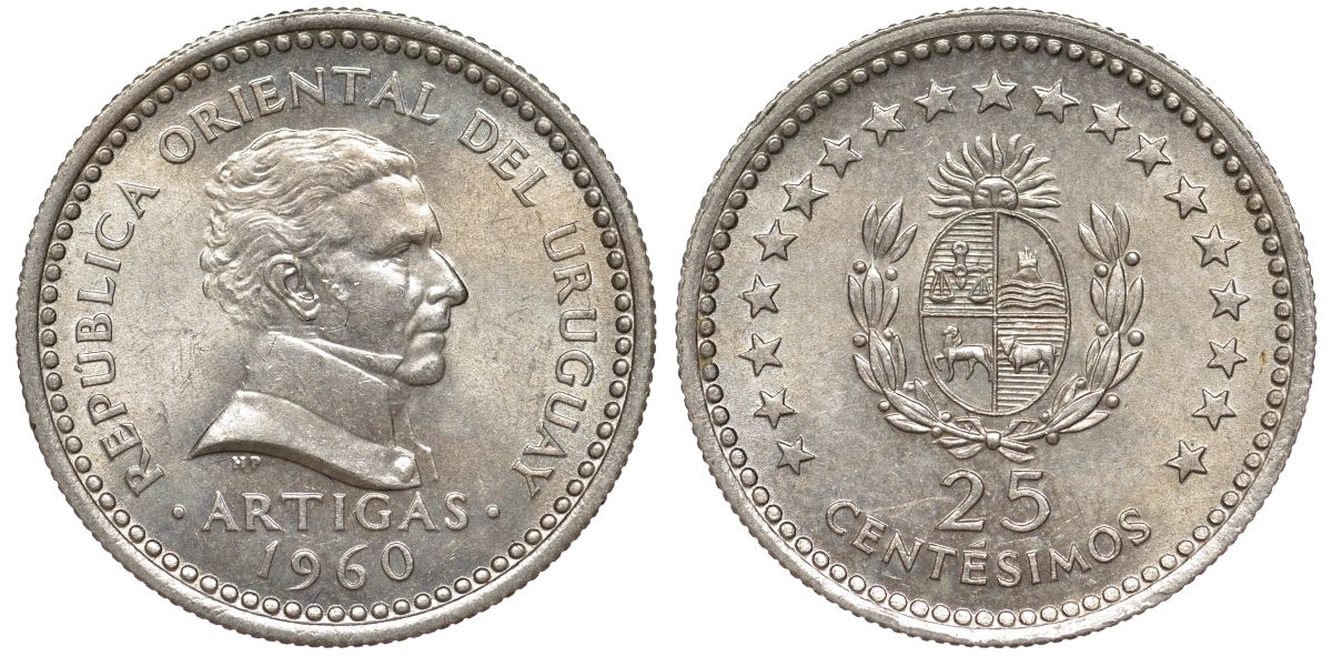 Уругвай 25 сентесимо 1960 KM 40 медно-никель 4580-1221