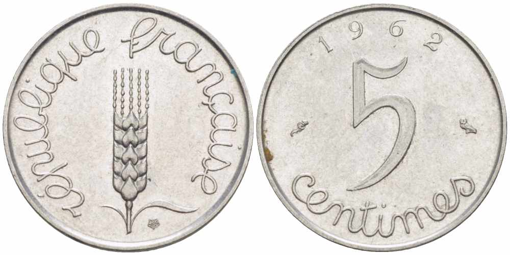 ФРАНЦИЯ 5 САНТИМОВ 1962 ПЯТАЯ РЕСПУБЛИКА KM 927, LE FRANC 124.4 хромированная сталь 105-422