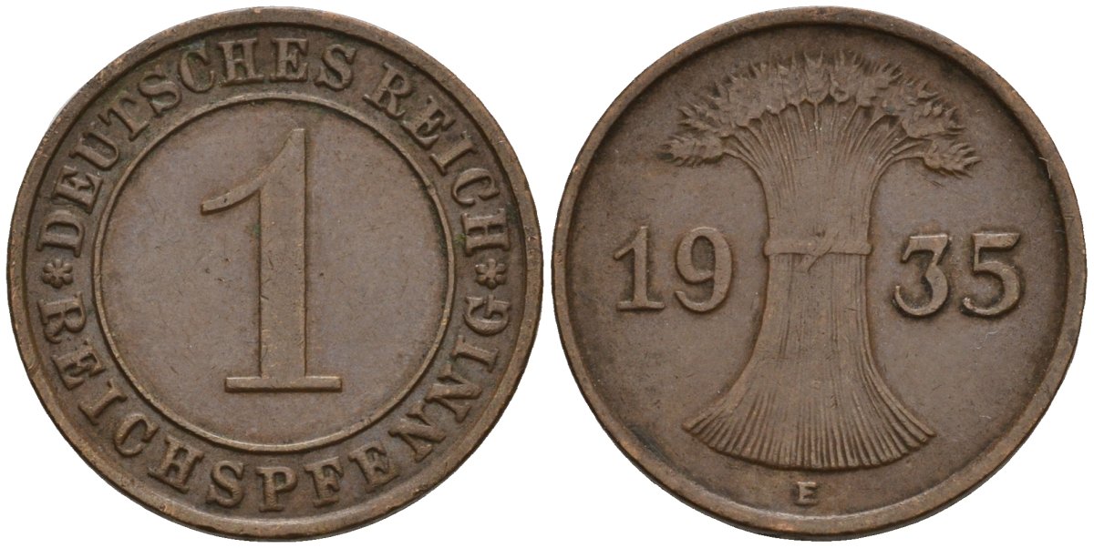 Германия 1 рейхспфенниг 1935 E KM 37, J. 313 бронза 4516-249