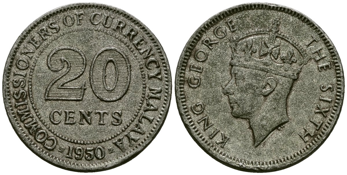 Малайя 20 центов 1950 король Георг VI (1937 - 1952) KM 9 медно-никель 4167-833