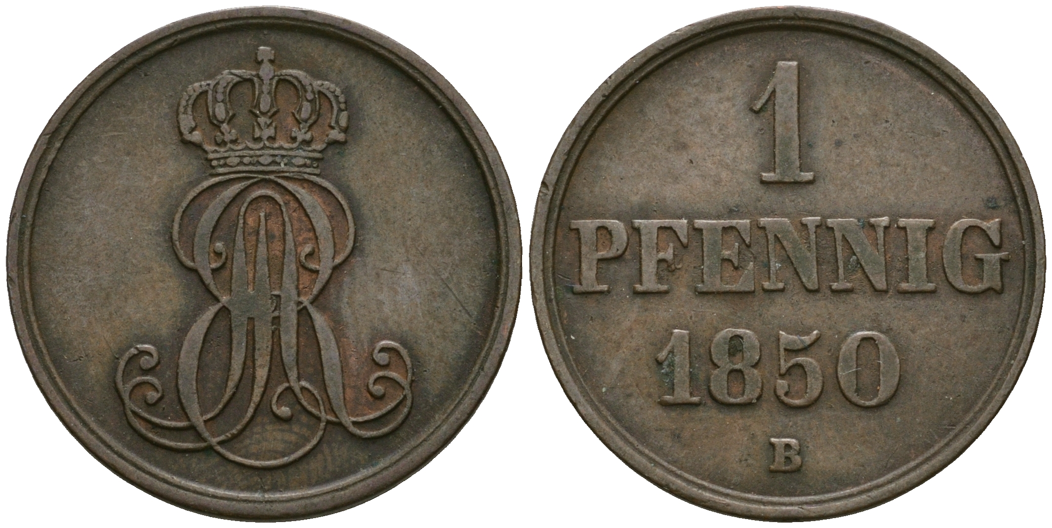 Ганновер 1 пфенниг 1850 B, Эрнст Август (1837-1851) KM 201.1, AKS 129, J. 74 медь 4608-1059