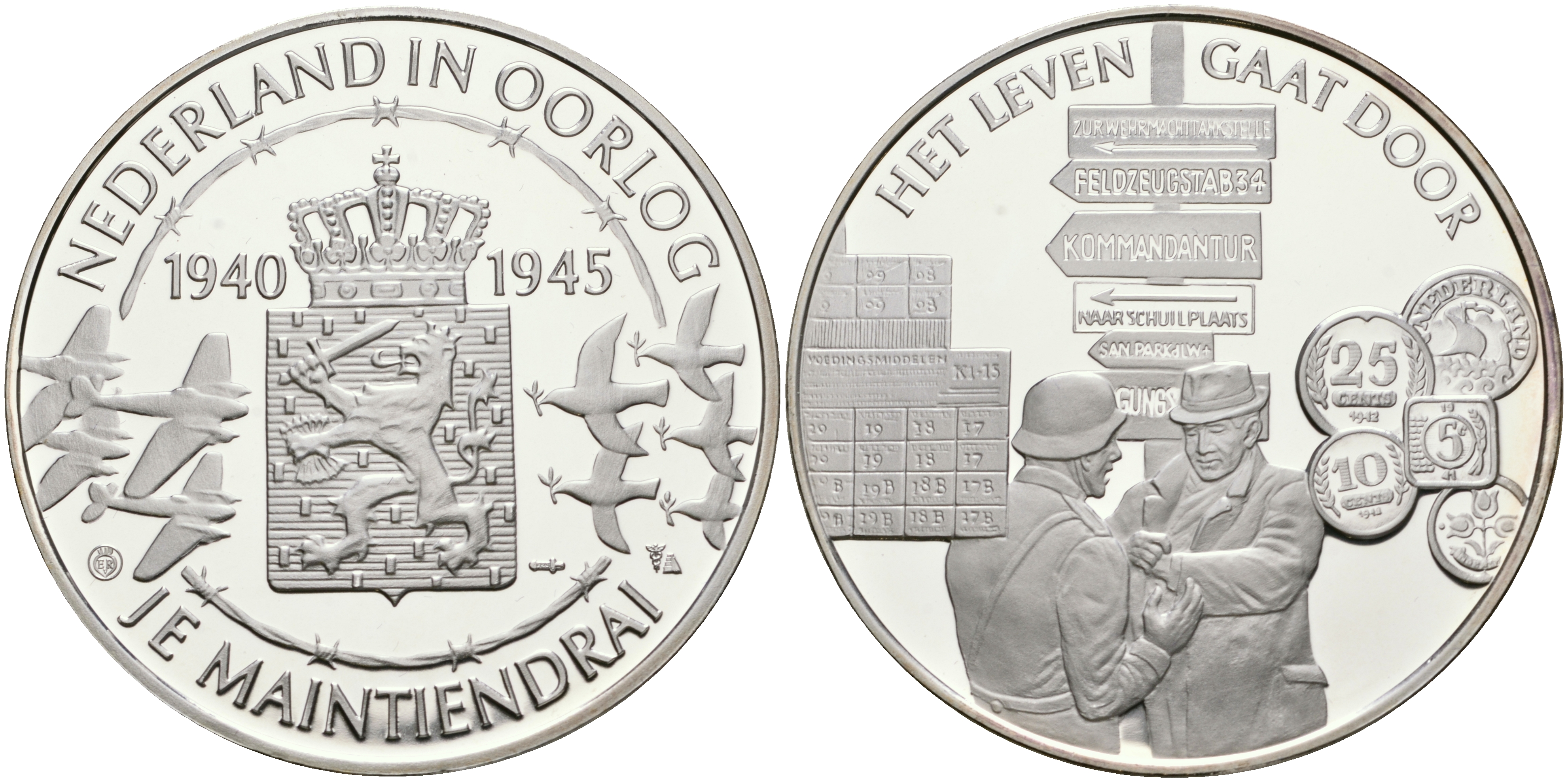 Нидерланды медаль ND Голландия в войне 1940-1945, жизнь после войны, 31,3 гр, 45,0 мм  серебро  PROOF  11-323-25