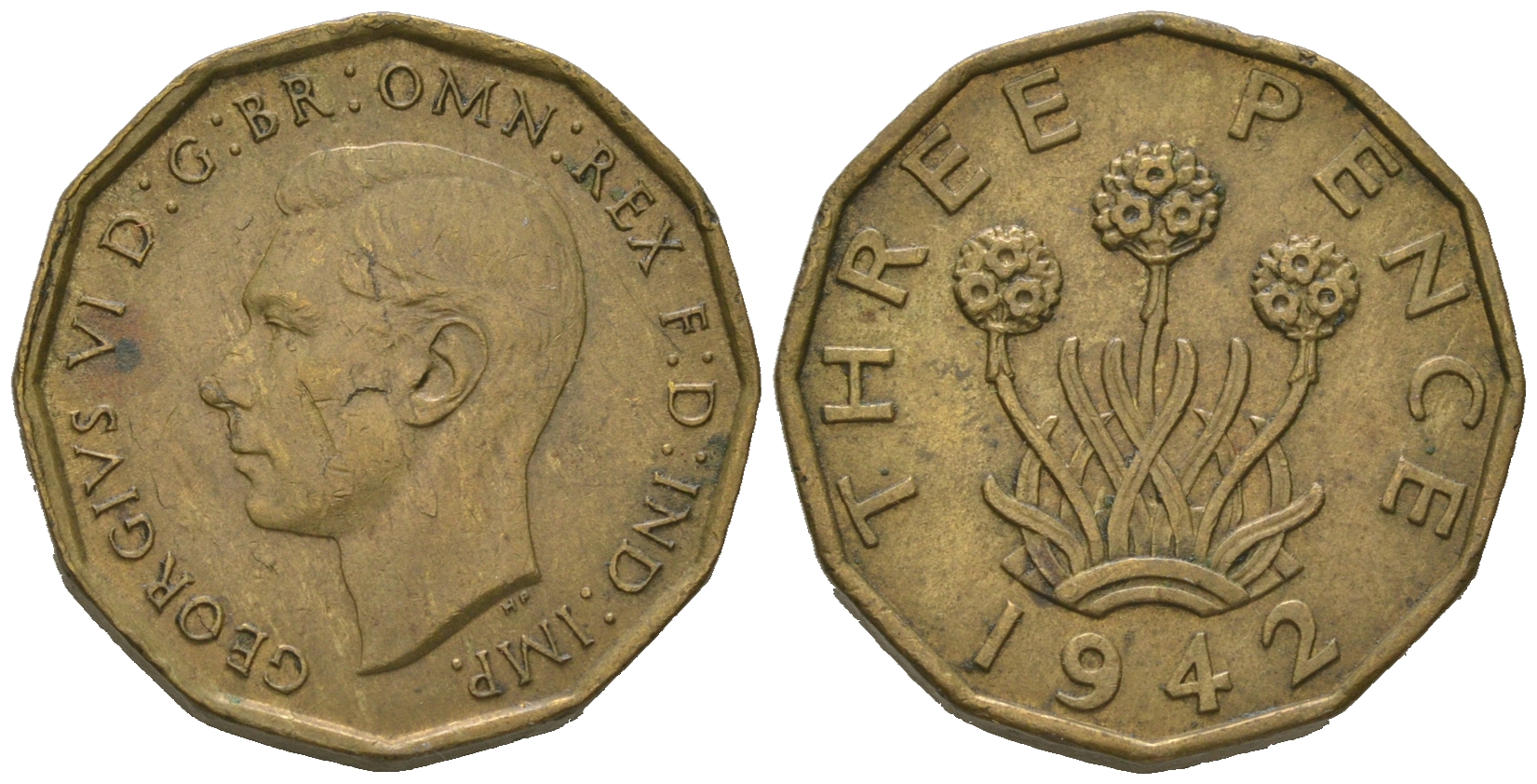 Великобритания 3 пенса 1942 Георг VI (1936-1952) KM 849, Spink 4112 никель латунь 4635-825