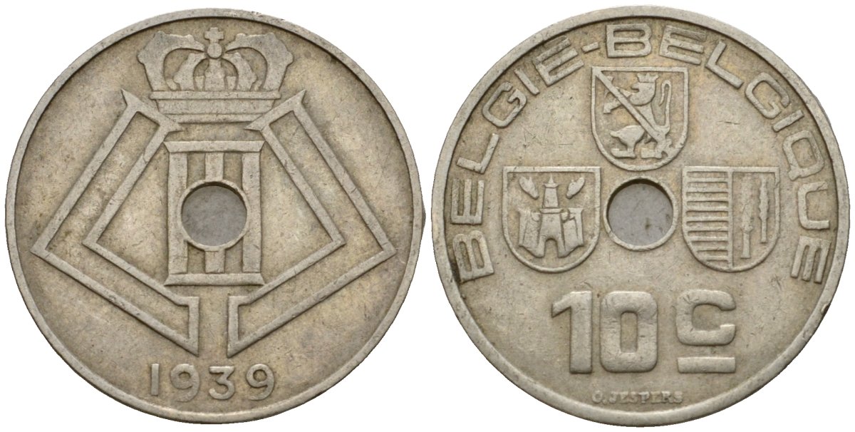 Бельгия 10 сантимов 1939 Belgie - Belgique KM 113 никель латунь 4601-624