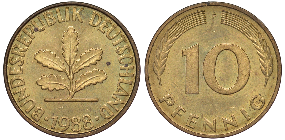 ФРГ 10 пфеннигов 1988 F KM 108, J 383 сталь плакированная латунью 25-1823