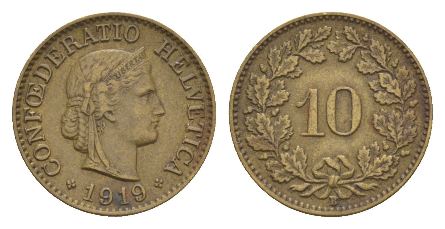 Швейцария 10 раппенов 1919 B KM 27a латунь 1518-832