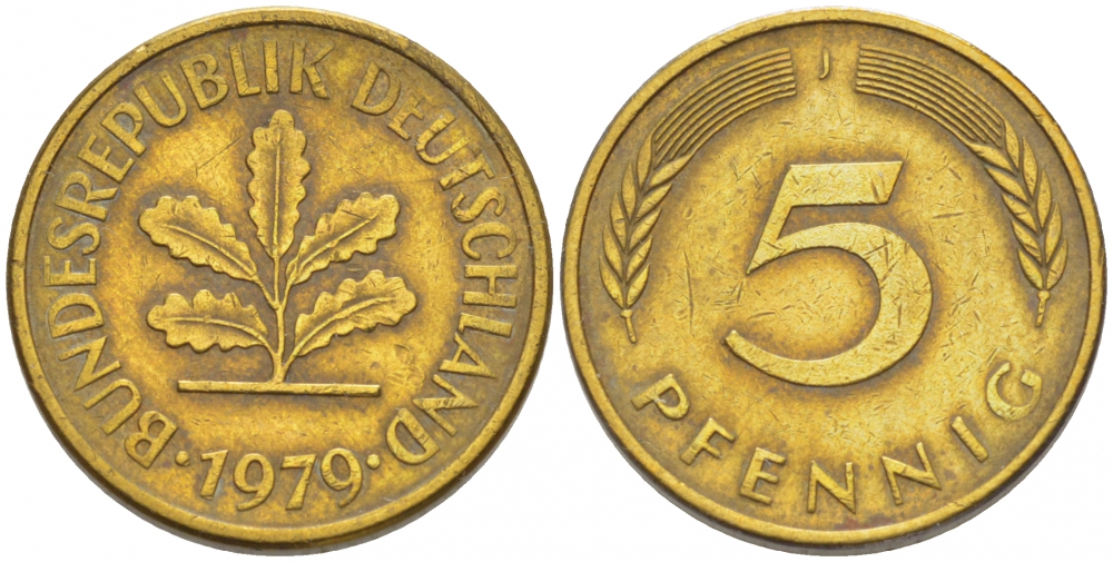 ФРГ 5 ПФЕННИГОВ 1979 J KM 107, J.382 сталь плакированная латунью 4396-1643