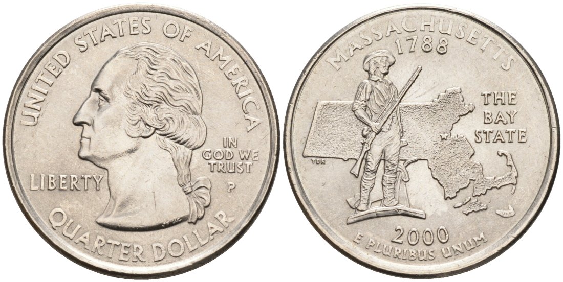 США 25 центов = квотер 2000 Р, серия штаты США, Массачусетс KM 305 медь плакированная медно-никелем UNC 92-751