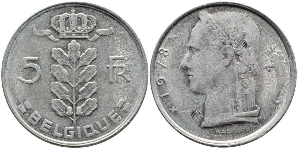 БЕЛЬГИЯ 5 ФРАНКОВ 1978 BELGIQUE KM 134.1 медно-никель 63-713