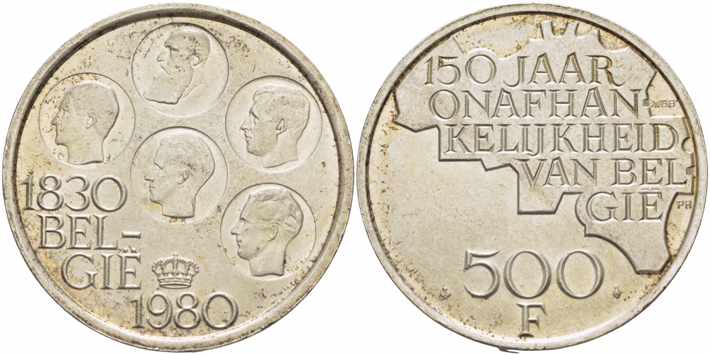 Бельгия 500 франков 1980 150 лет независимости, Belgie, Бодуэн I (1951-1993) KM 162 медно-никель покрытый серебром 107-323