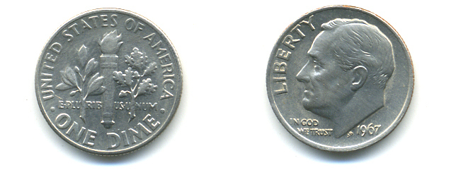 США 10 центов (дайм) 1967 Рузвельт KM 195a медь плакированная медно-никелем 89-527