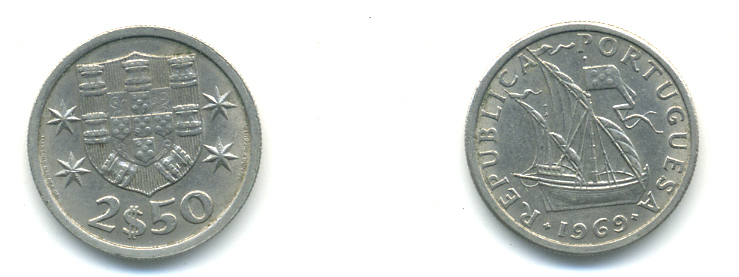 ПОРТУГАЛИЯ 2,5 ЭСКУДО 1969 KM 590 медно-никель 80-446