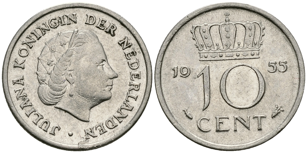 Нидерланды 10 центов 1955 Юлиана (1949-1980) KM 182 никель 96-362