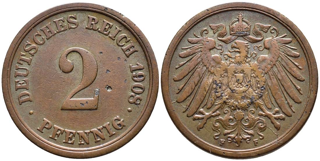 ГЕРМАНИЯ 2 ПФЕННИГА 1908 F KM 16, Jager 11, Weege 4 медь 4546-653