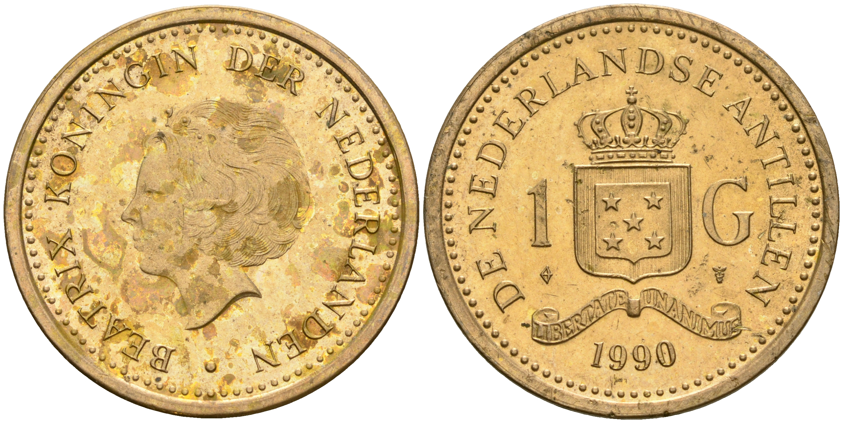 Нидерландские Антилы 1 гульден 1991 Беатрикс (1980-2013) KM 37 позолоченная сталь 4364-1832