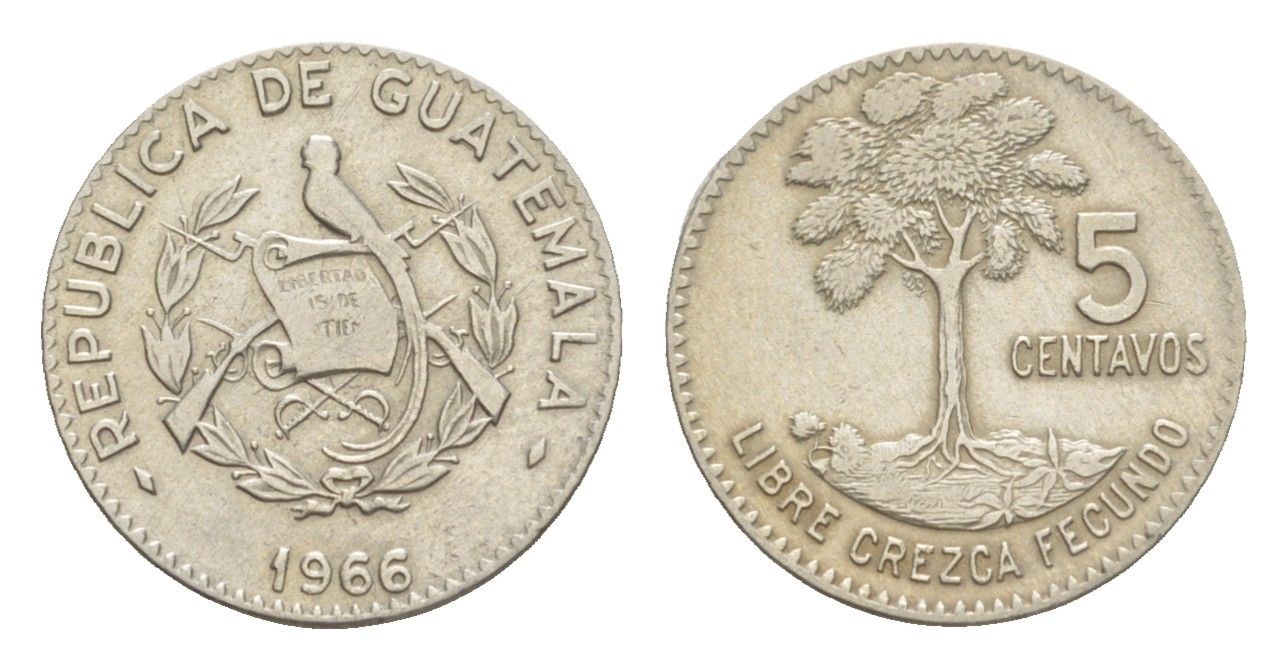 Гватемала 5 сентаво 1966 маленькая дата KM 266.2 медно-никель 1522-542