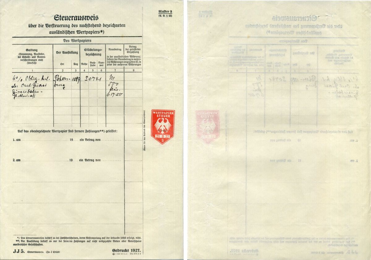 Германия документ об уплате налогов за получение дивидеднов по акциям 1927 бумага 8805-08-1