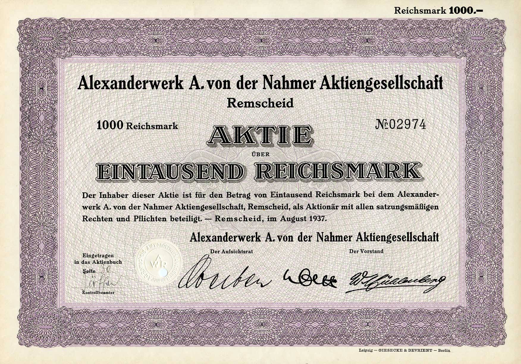 Германия 1000 рейхсмарок 1937 Александрверк А. фон дер Нахмер АГ Ремшайд, акция   бумага   8801-08-1