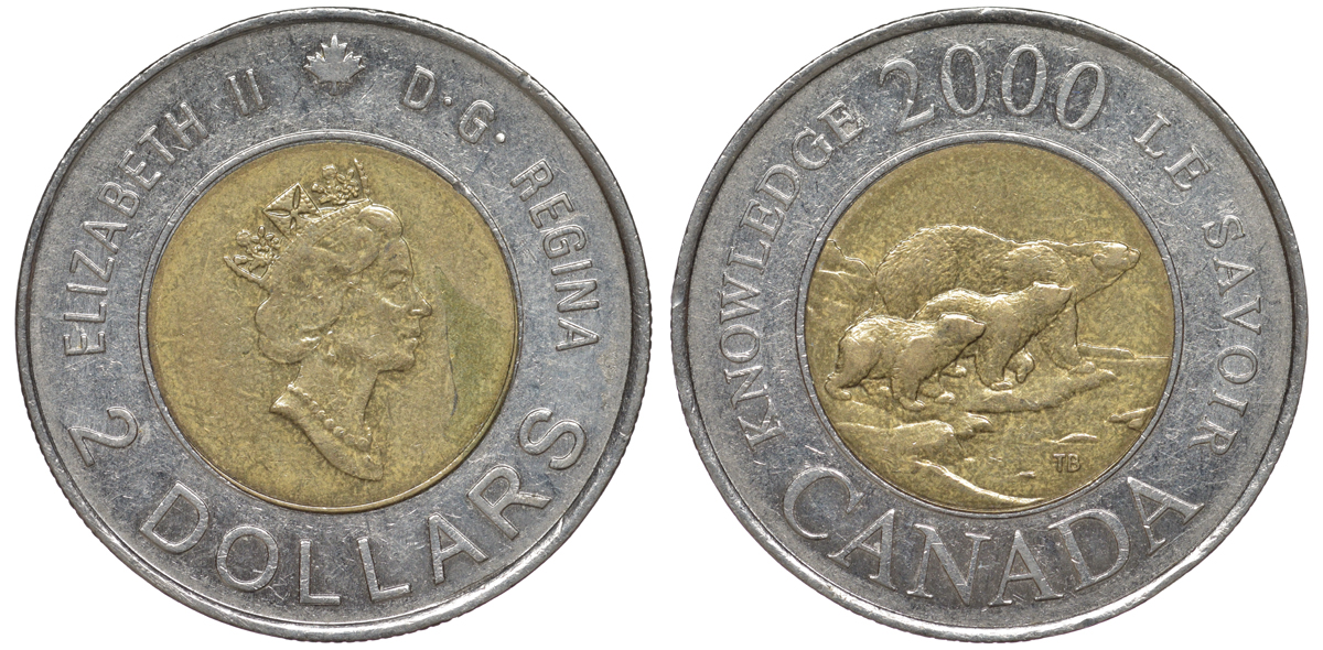 Канада 2 доллара 2000 миллениум, полярные медведи KM 399 биметалл 4605-557