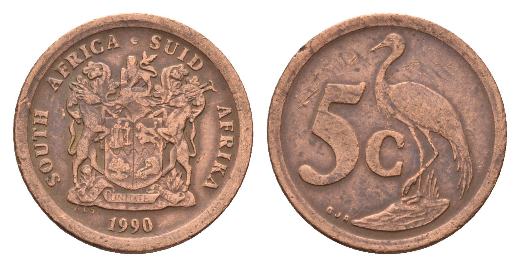 ЮАР 5 центов 1990 герб, райский журавль KM 134 сталь плакированная медью 4643-262