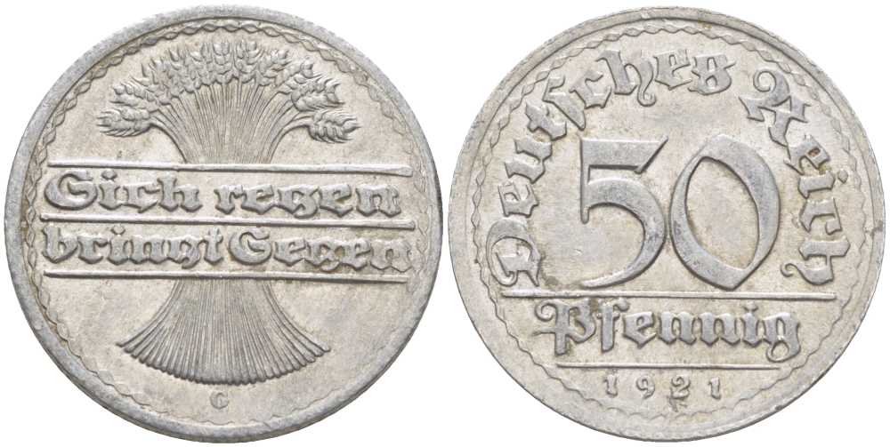 ГЕРМАНИЯ 50 ПФЕННИГОВ 1921 G KM 27, J. 301, Weege 10 алюминий 261-742