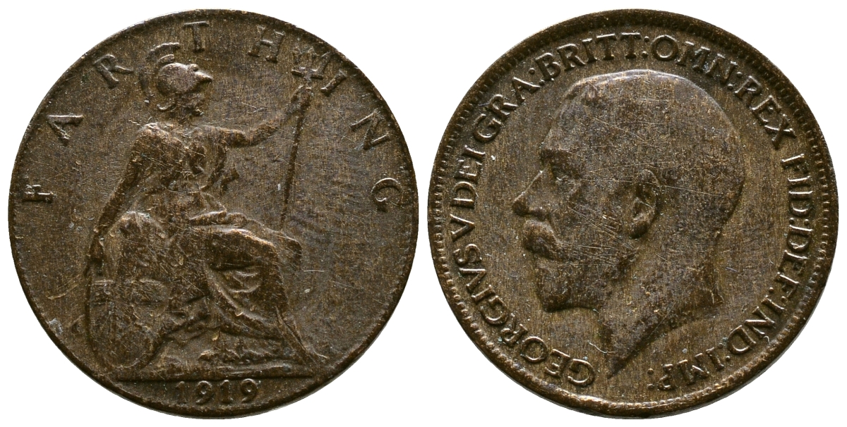 Великобритания 1 фартинг 1919 Георг V (1910-1936) KM 808.2 Spink 4060 бронза 4384-1257