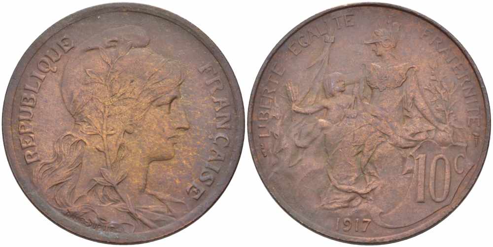 Франция 10 сантимов 1917 тип Даниэль Дюпюи KM 843, LA FRANC 136.29 бронза 109-431