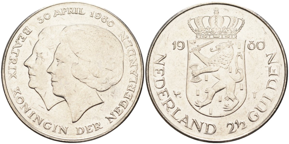Нидерланды 2 1/2 гульдена 1980 коронация Беатрикс, 30 апреля 1980 KM 201 никель 4590-726