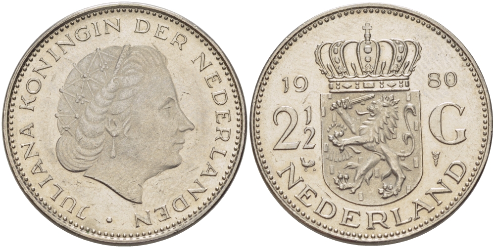 Нидерланды 2 1/2 гульдена 1980 Юлиана (1948-1980) KM 191 никель 38-144
