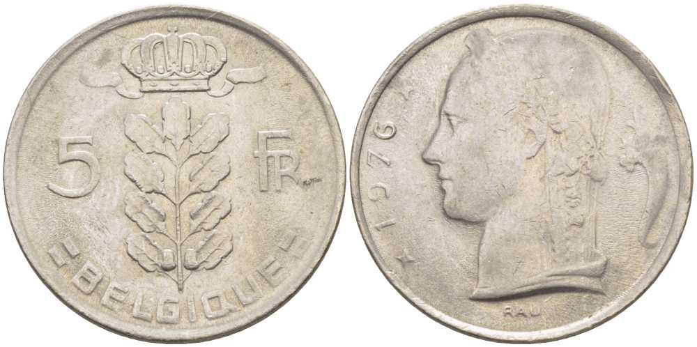 БЕЛЬГИЯ 5 ФРАНКОВ 1976 BELGIQUE, БОДУЭН I (1951-1993) KM 134.1 медно-никель 119-737