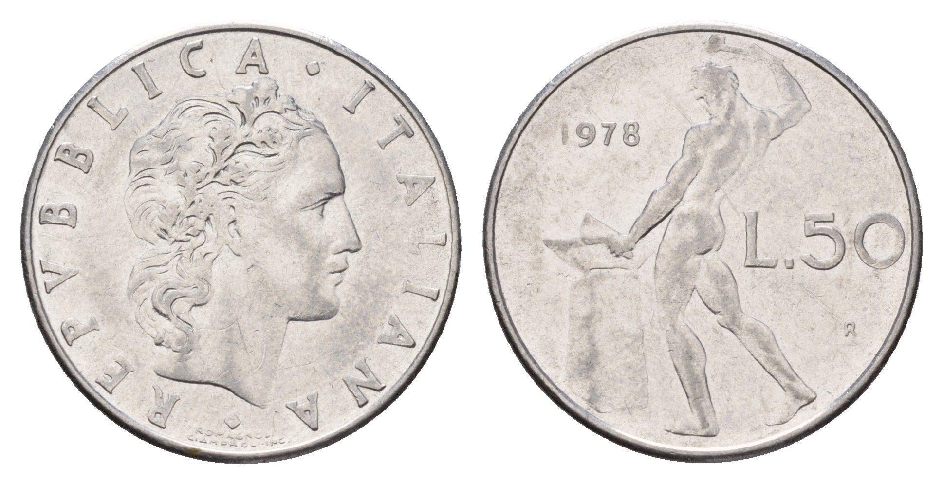 Италия 50 лир 1978 R, бог огня Вулкан у наковальни KM 95.1 нержавеющая сталь 186-952