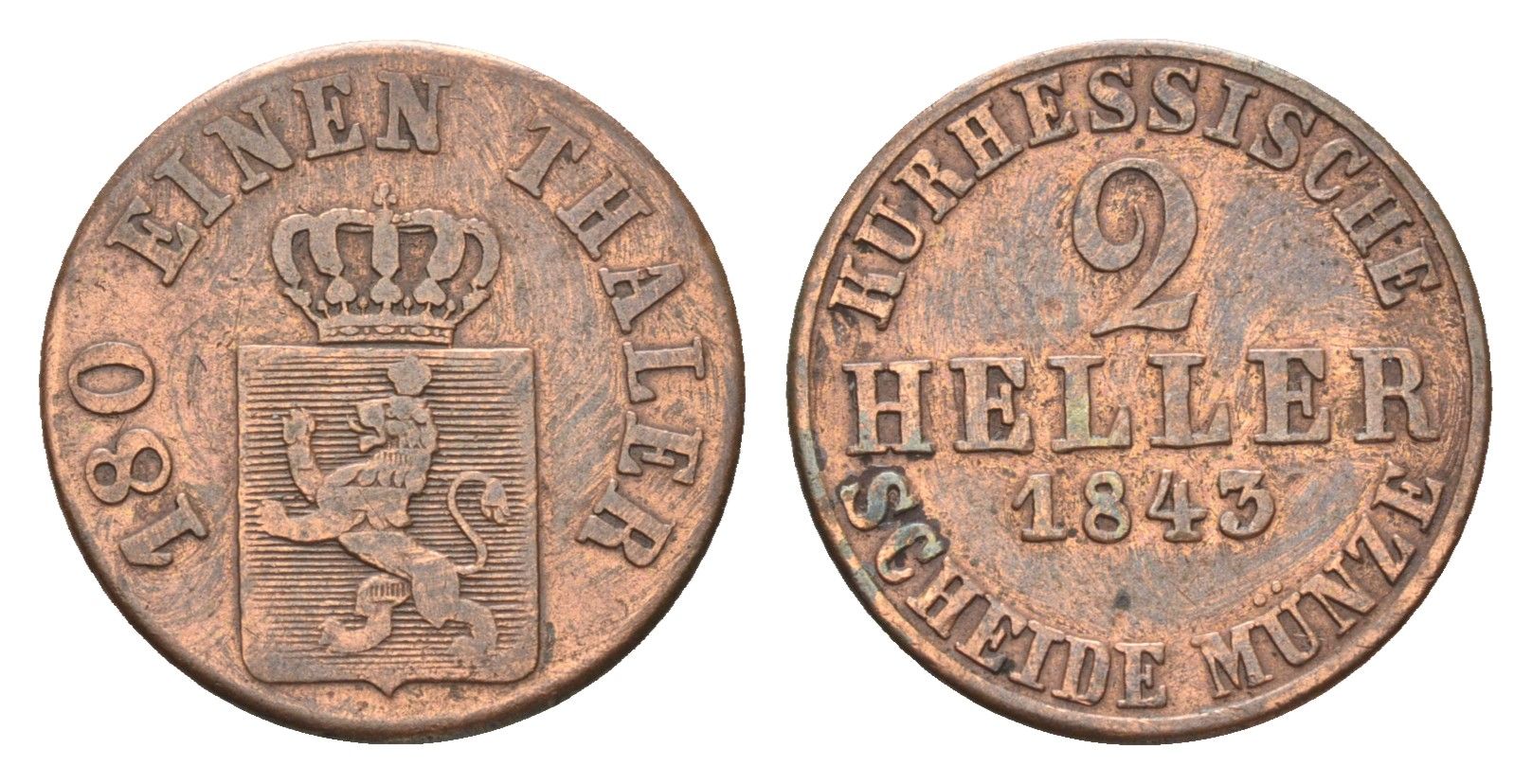 Гессен-Кассель 2 геллера 1843 Вильгельм II (1821-1847) KM 606 медь 1531-1525
