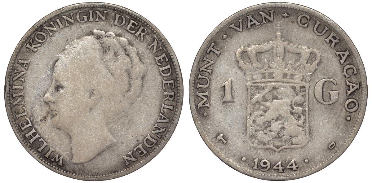 Нидерландское Кюрасао 1 гульден 1944 D, Вильгельмина (1890-1948) KM 45 серебро 36-714