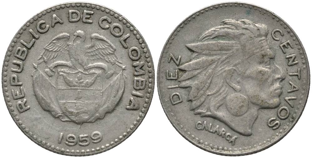 Колумбия 10 сентаво 1959 индеец Каларка KM 212.2 медно-никель 73-215